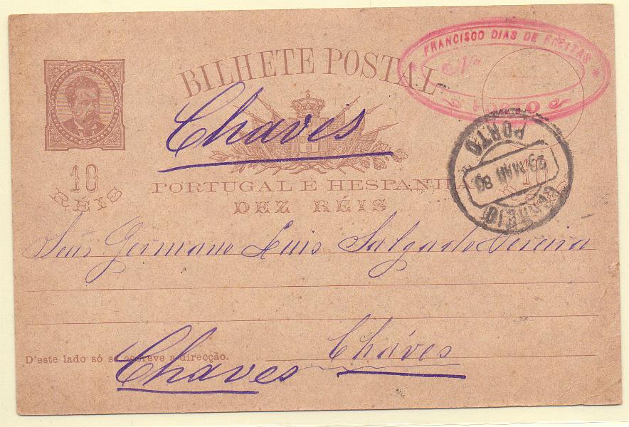 0184 f.jpg -     Lote:    184 (frente)            Portugal       Descrição:         1884/87 &mdash; D. Luís I, de frente. OM9, 10 reis, circulado do Porto (29.03.88) para Chaves, com trânsito por Vila Real (30.03.88) e Sabrosa. Carimbo nominativo batido a preto "SABROZA". Rara circulação.        IC       Valor Base:     &euro; 25,00     Valor Venda:     Retirado     